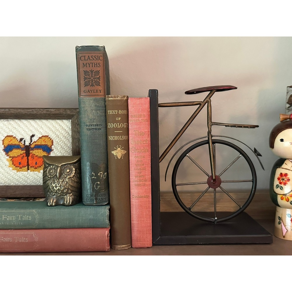 Vintage Industrial Metal Bicycle Bookends Rustic Bronze Red Cycling Decor Set - Picture 4 of 10